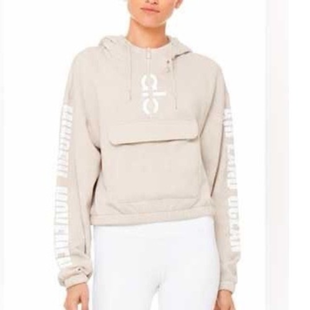 Alo Yoga Solar Cropped Hoodie Women XS Beige Quarter Zip Graphic Sporty Workout